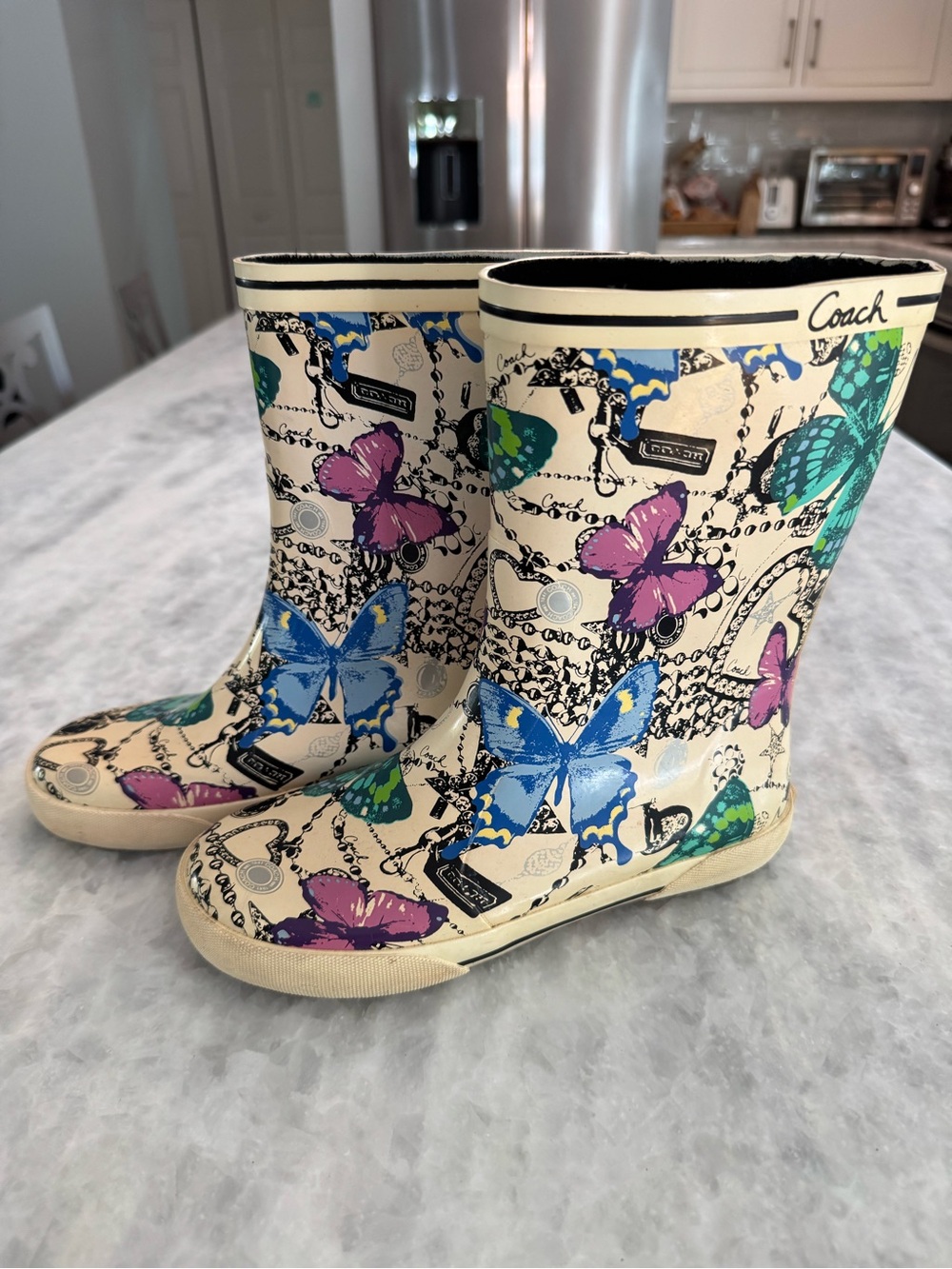 Coach Kids Rain Boots Cream with Blue, Purple & Green Butterflies